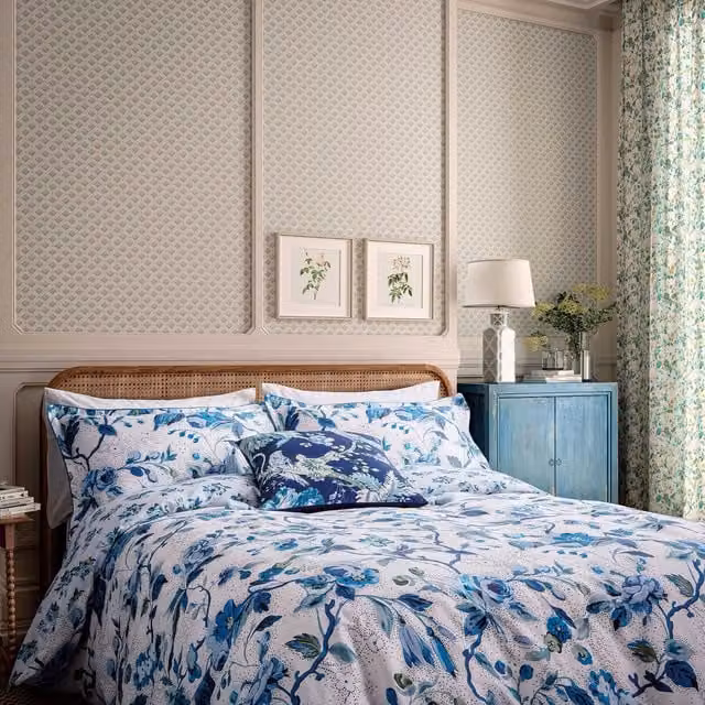 English Heritage Craven Street Floral Single Duvet Cover and Pillowcase Set in Woad Cotton Mako Satin