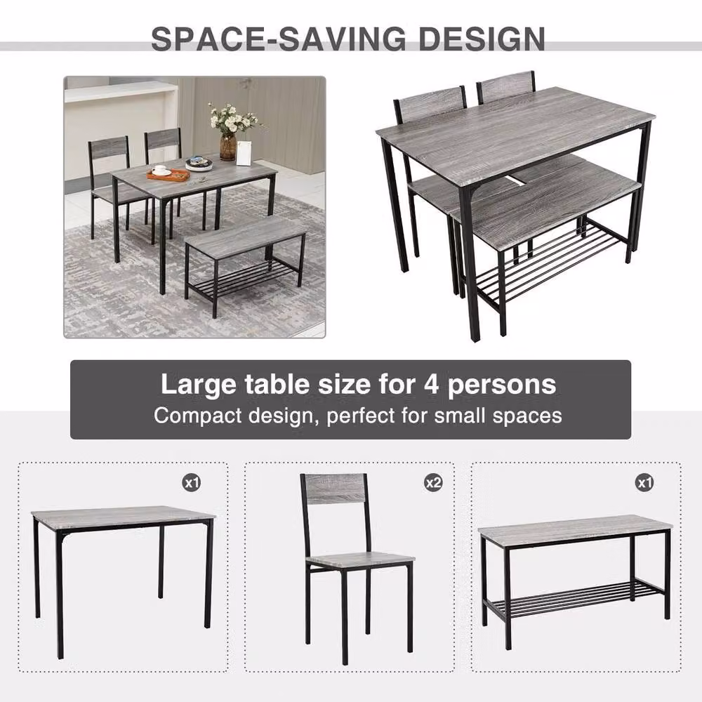 EONLION 4 Piece Grey Wooden Compact Dining Table Set with Rectangular Table W: 100 cm – 1