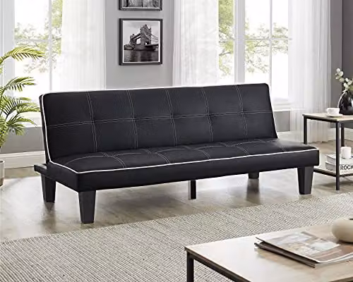 Modernique Foustino Black Faux Leather Click Clack Sofabed with White Stitching, W/D/H: 90 x 190 cm – 2