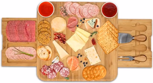 La Donna Light Brown Bamboo Cheese Board with Drawer, Ceramic Bowls and Cutting Tools