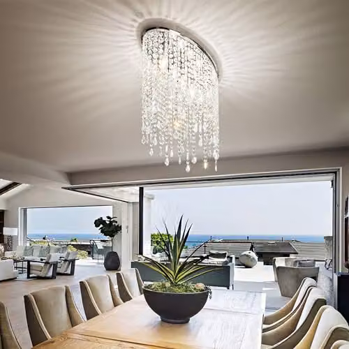 Netlighting Rain 3 Light Small Ceiling Flush Light in Chrome and Grey with Transparent Crystal – 3