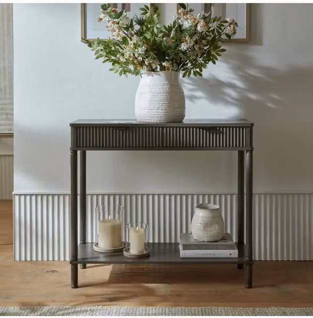 KDMD Reed Collection Modern Rectangular Console Table with Ceramic Top and Two Drawers in Brown – 1