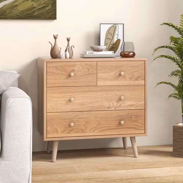 Costway Brown Wood 4-Drawer Dresser Storage Chest Cabinet