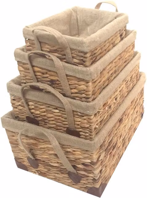 Topfurnishing Woven Water Hyacinth Rectangle Storage Basket with Handles in Beige and Yellow, Width: 35.5 cm, Pack of 2
