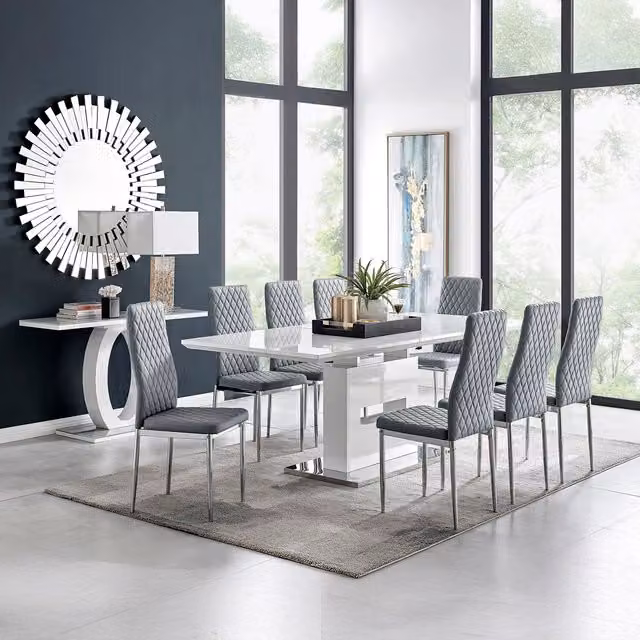 FurnitureboxUK Arezzo Large Extending Rectangular Dining Table with 8 Milan Chairs in Grey