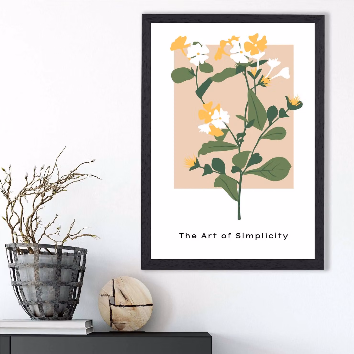 ARTZE Wildflower Minimalist Framed Botanical Print in Green and Beige with Black Frame – 2