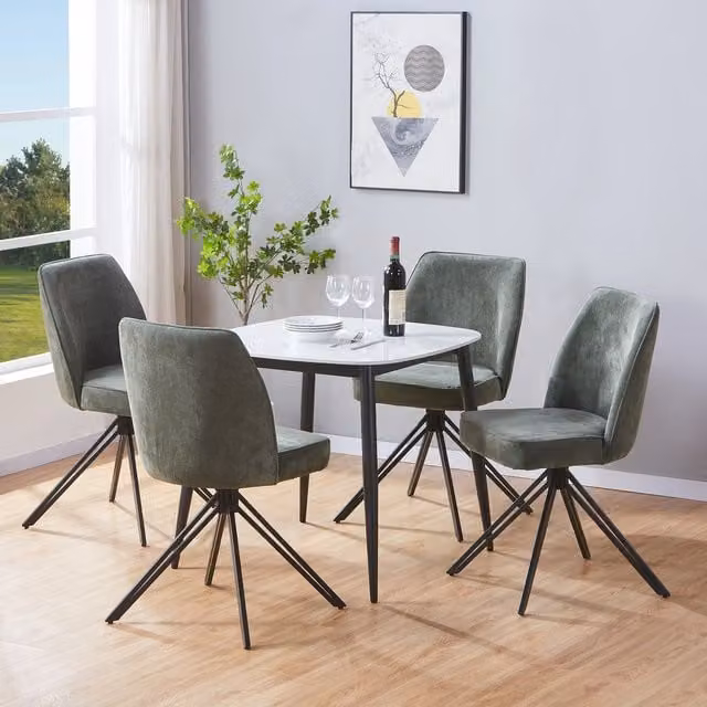 Aspen Gloss White Sintered Stone Square Dining Table and 4 Green Swivel Chairs