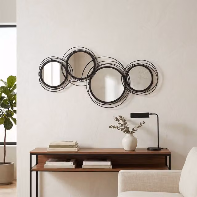HOMCOM Modern Abstract Metal Wall Art with Round Mirror Decor in Black and Gold
