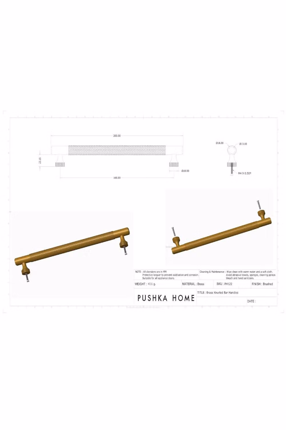 Pushka Home Solid Brass Knurled Bar Handle in Gold, 160mm Hole Centre – 2