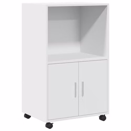 vidaXL Rolling Cabinet in White, Modern MDF Storage Unit with Hinged Doors and Castors, W/D/H: 55 x 40 x 91 cm