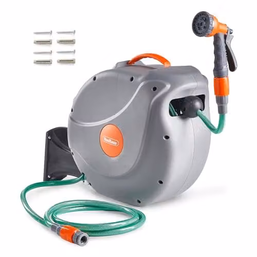 VonHaus Wall Mounted Retractable Hose Reel in Grey with 30m Reach and 8 Function Spray Gun