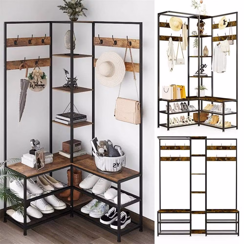 KORVIXA Industrial Hall Tree with Storage Bench and Shoe Rack, Brown, W: 120 cm, D: 40 cm, H: 146 cm – 4