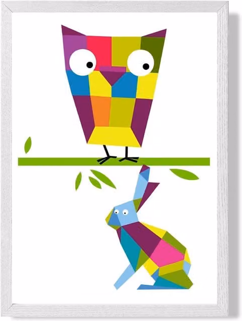 ARTZE Owl Bright Geometric Animal Framed Print, Multicolour, White Frame, A3
