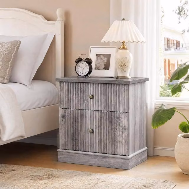 London Boutique Modern Fluted Bedside Cabinet in Grey with 2 Drawers and Shelf