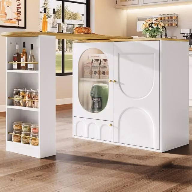 Merax White Glossy Rotating Bar Table with Glass Door Storage and MDF and Metal Construction – 1