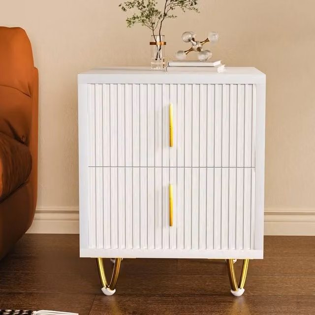 KORVIXA 2-Drawer Bedside Table Cabinet in White and Gold for Bedroom or Living Room Storage