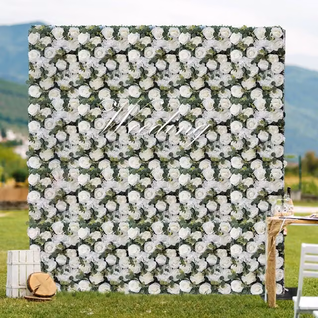 Livingandhome Artificial White Rose Floral Wall Hedge Greenery Panel in White and Green
