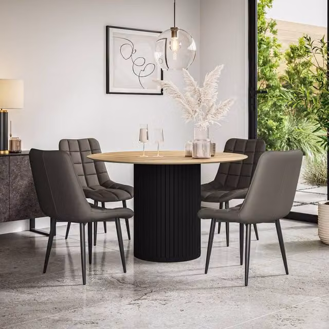 More4Homes Arlo Oak Round Dining Table with Black Legs and 6 Nova Grey Faux Leather Dining Chairs Set, W/D/H: 120 x 120 x 75 cm