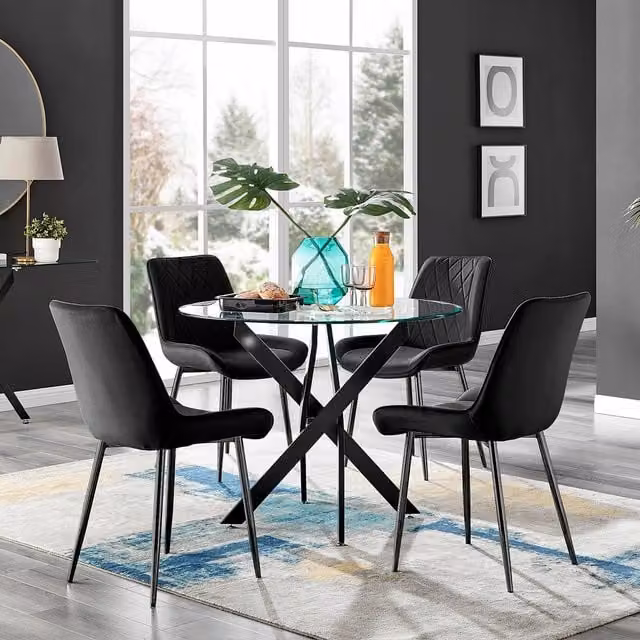 FurnitureboxUK Novara Round Glass Dining Table and 4 Pesaro Soft Velvet Chairs in Black