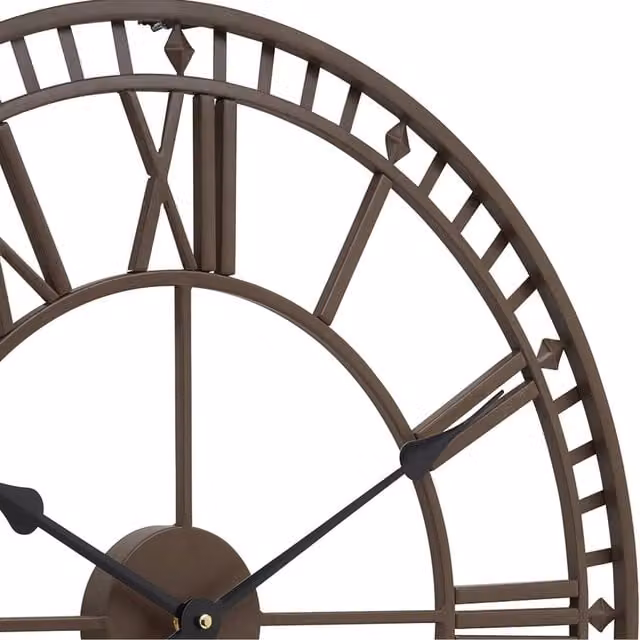 Garden Gear Roman Numeral Round Outdoor Wall Clock in Brown and Black Metal