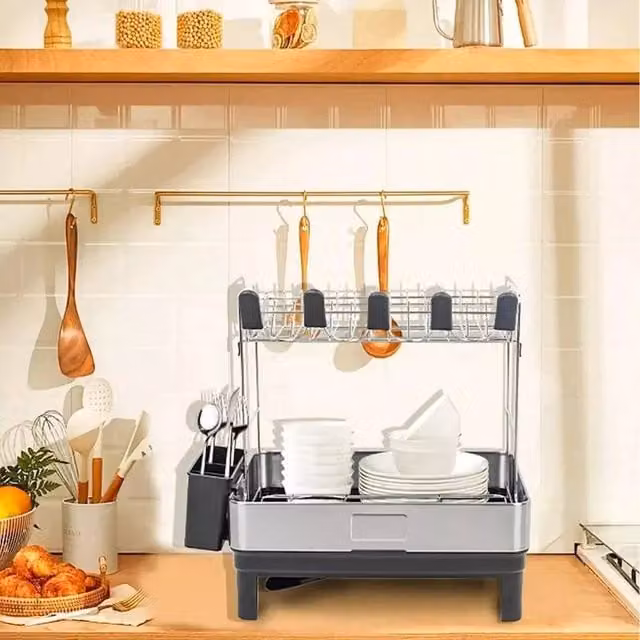 KORVIXA 2-Tier Black Metal Dish Drying Rack with Rotating Utensil Holder – 1
