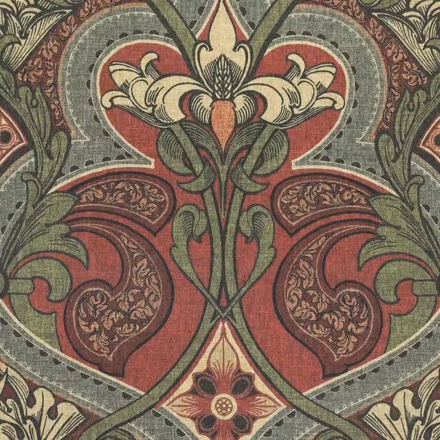 HOUSE Llewelyn-Bowen Gwendoline Printed Damask Floral Cotton Fabric in Rosemarie Red, Green and Multicolour