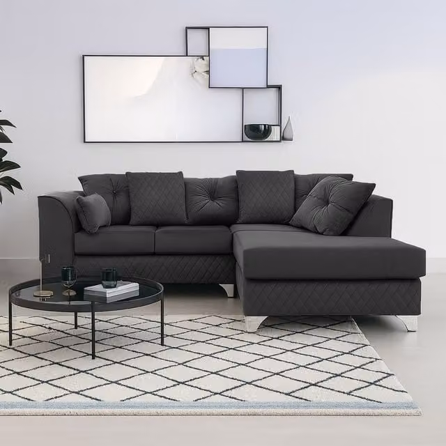 Furnishings For Less UK Victoria L Shaped Corner Sofa, 3 to 4 Seater, Right Hand Facing, Black Soft Plush Velvet with Scatter Back