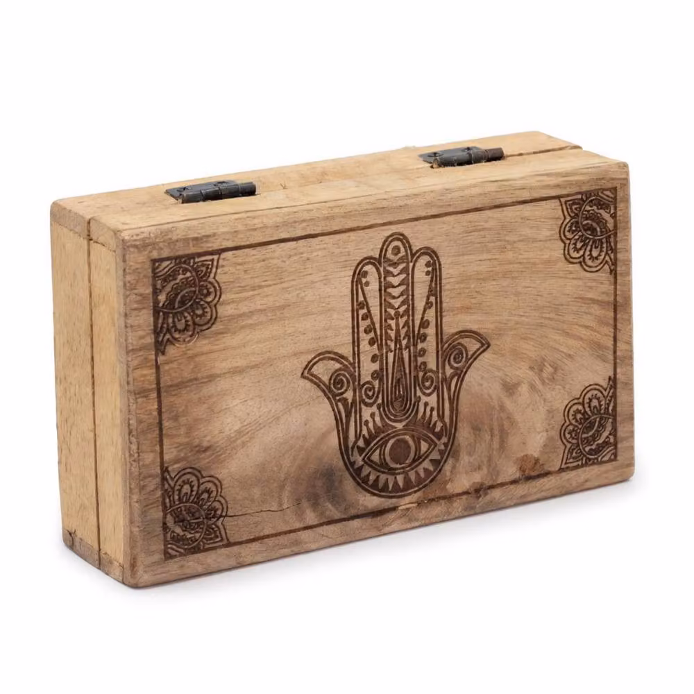 KDMD Med Square Box, Black Wood with Brown Hamsa Engraving, W: 17 cm, D: 10 cm, H: 4.2 cm – 2