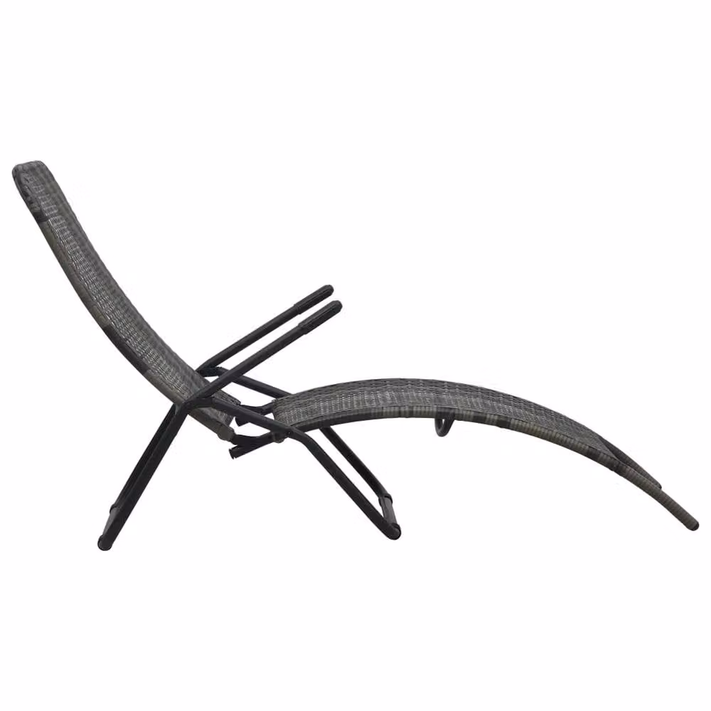 Berkfield Home Folding Sun Lounger in Grey Poly Rattan with Striped Textilene Fabric and Armrests – 3