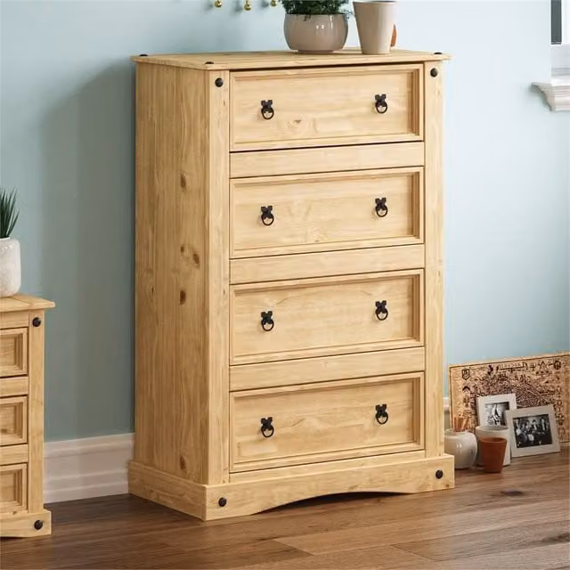 FORGEVIO 4 Drawer Chest of Drawers in Natural Brown Waxed Pine and Metal
