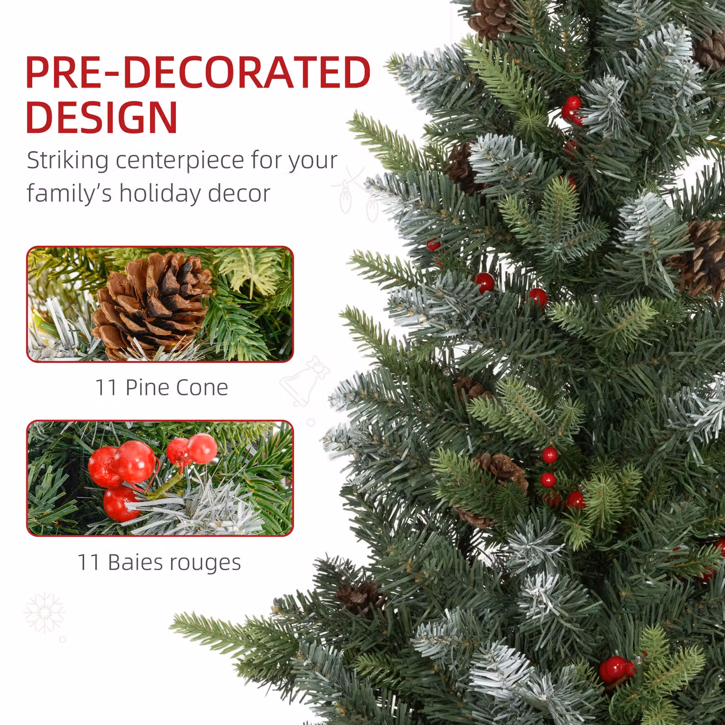 HOMCOM 2 Piece Green Tabletop Christmas Tree Set with Lights, Pine Cones and Red Berries, 3ft – 5