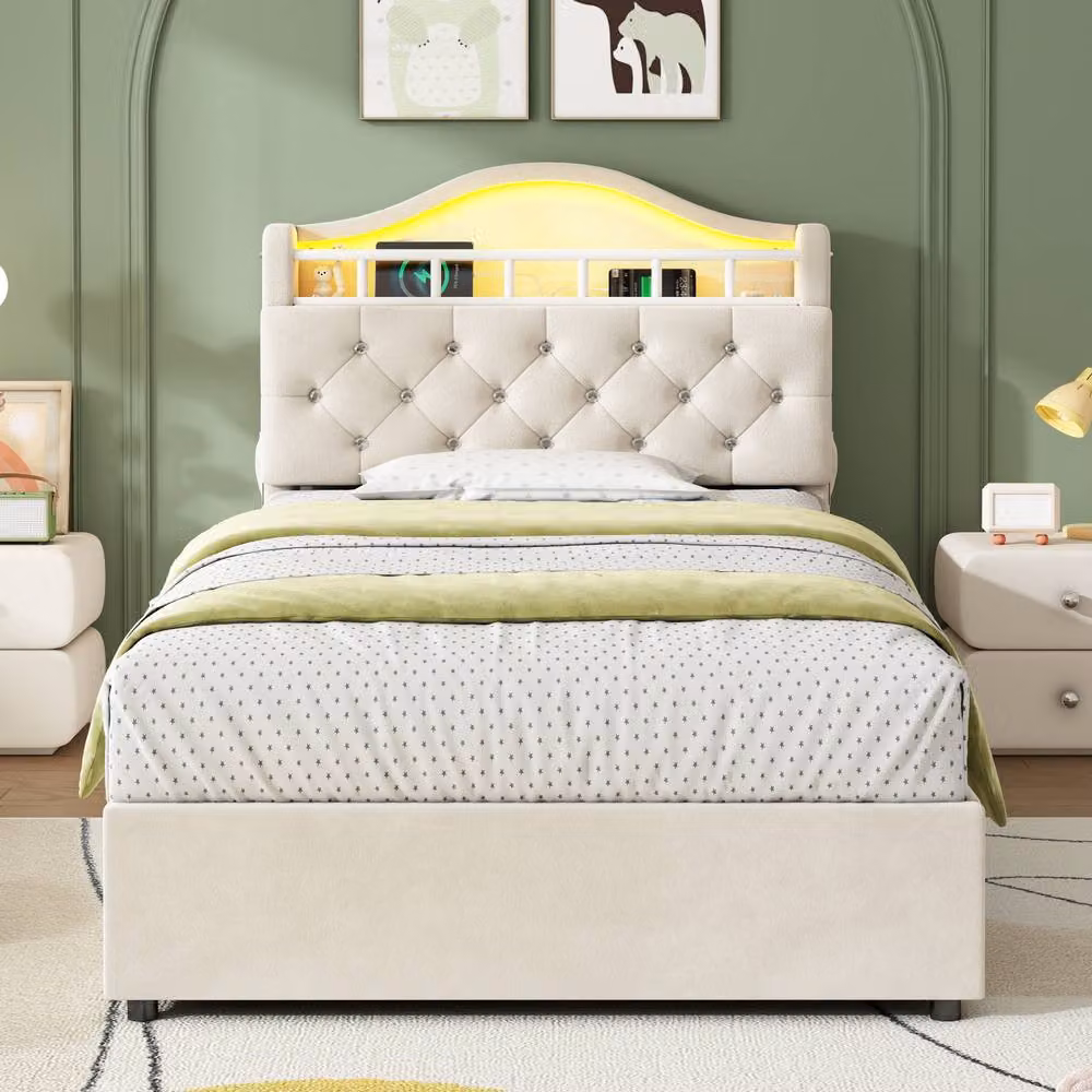 Matteo Single Hydraulic Velvet LED Bed Frame with Storage and Charging Station in Beige, W/D/H: 90 x 200 cm – 2