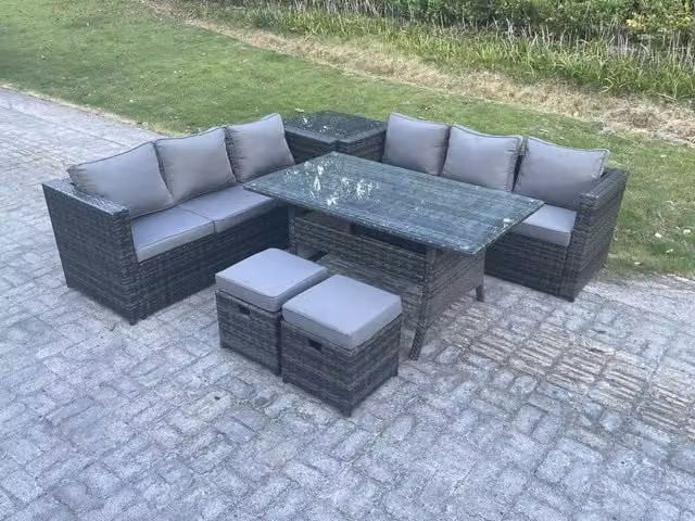 Fimous 8 Seater Rattan Garden Furniture Set with Rectangular Glass Table in Dark Grey