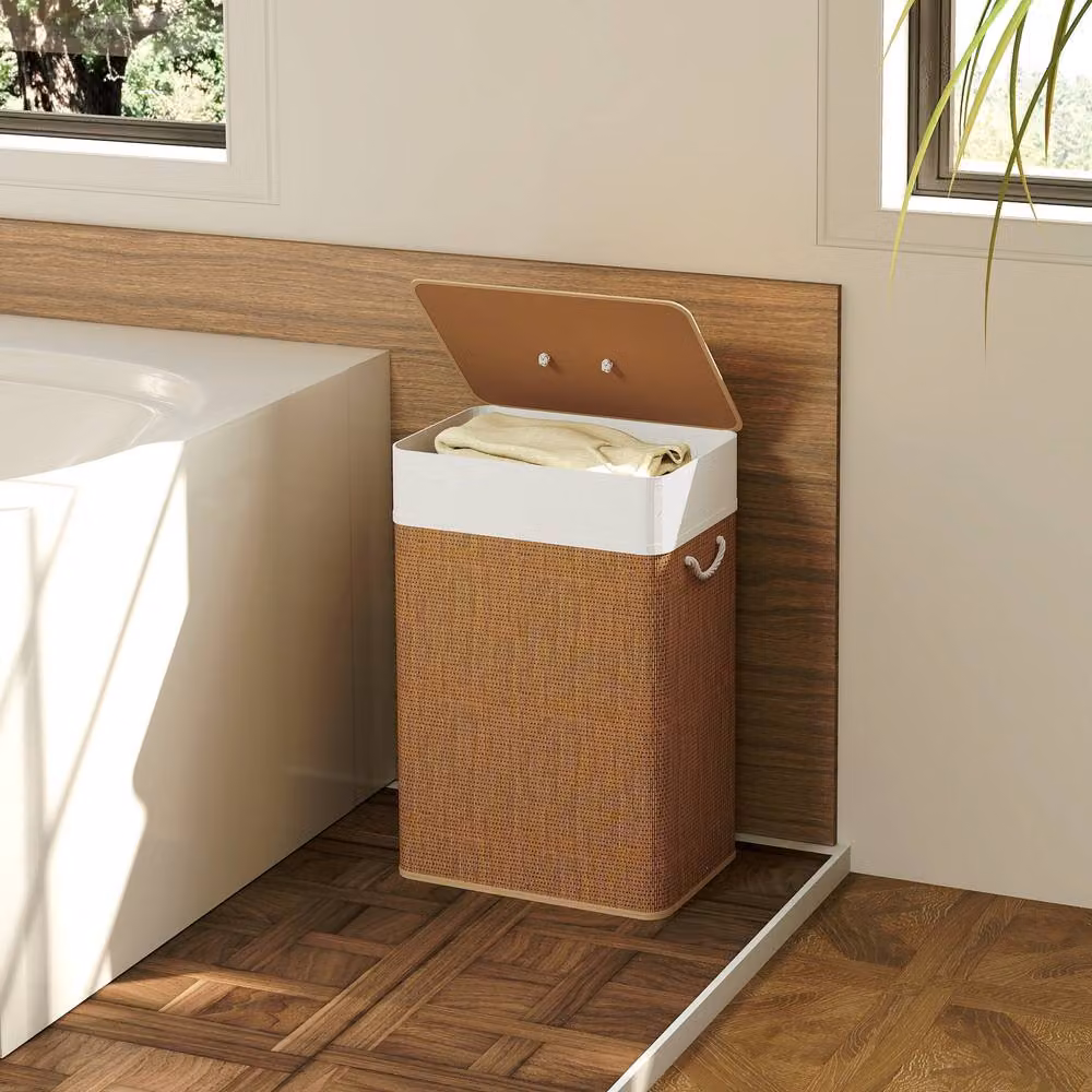 STILVORA 72L Bamboo Laundry Basket with Lid and Washable Liner in Brown – 6