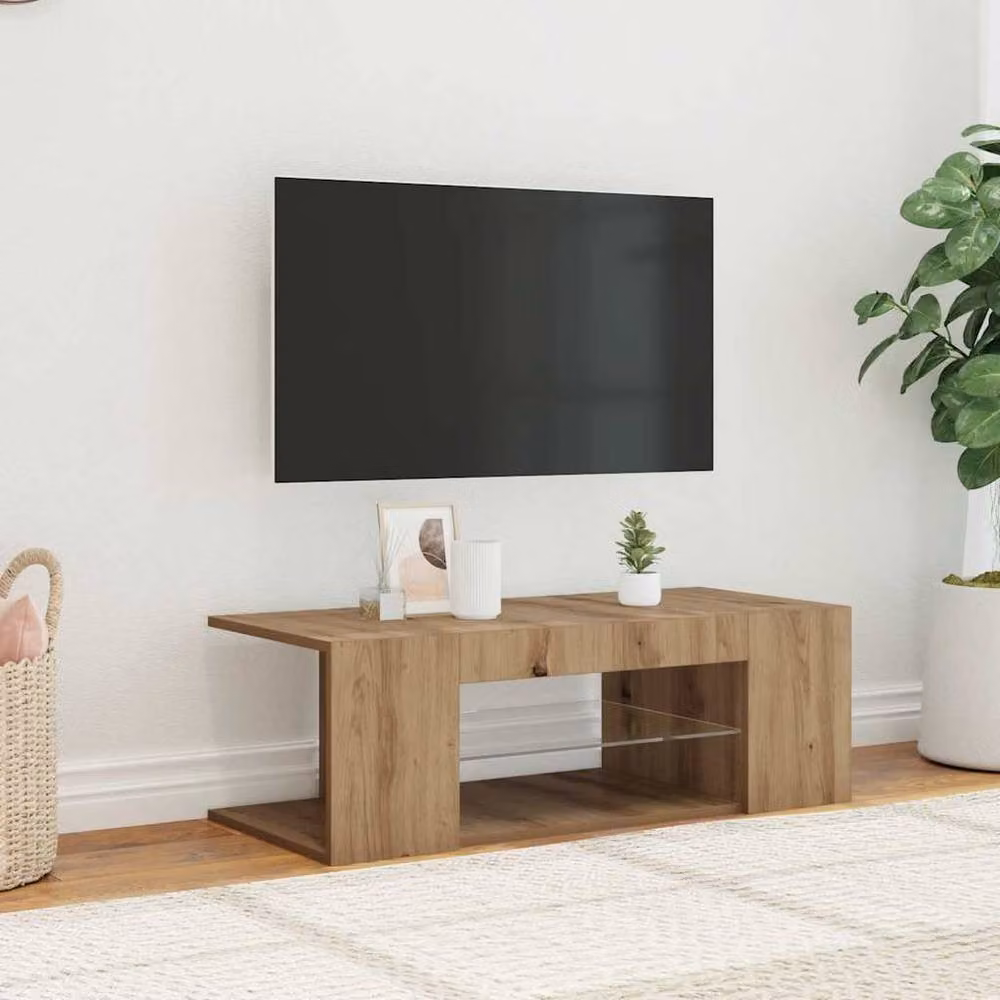 Berkfield Home Artisan Oak TV Cabinet with LED Lights in Brown, W/D/H: 90 x 39 x 30 cm – 2