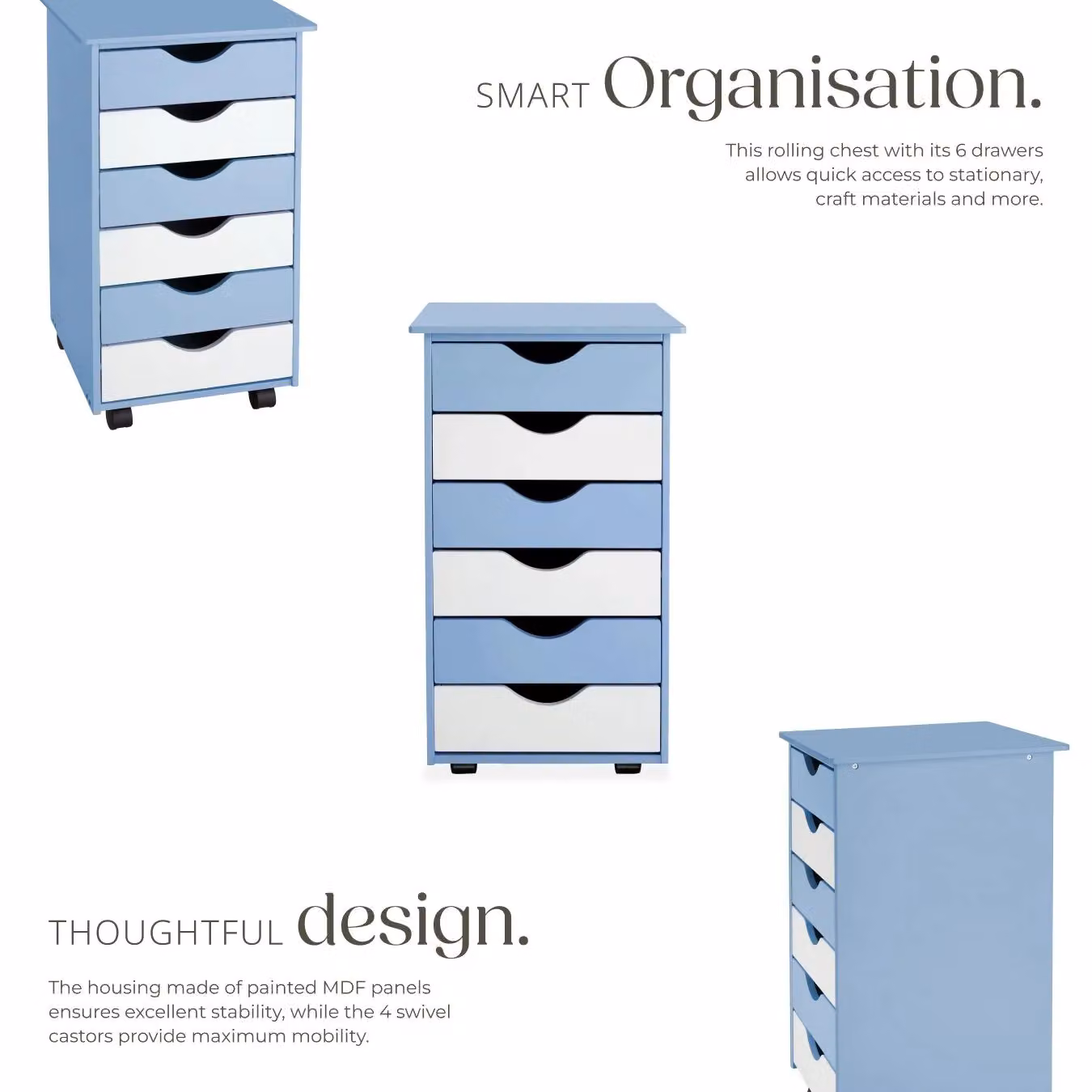 tectake 6 Drawer Wooden Filing Cabinet with Swivel Castors in Blue – 2
