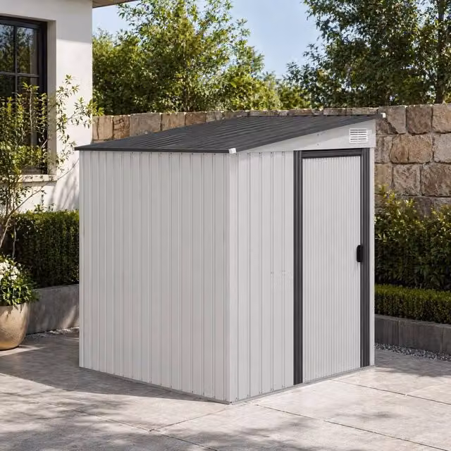 STILVORA White Galvanised Steel Pent Outdoor Storage Shed with Sliding Door and Shelving, W/D/H: 154.0 x 152.4 x 181.0 cm