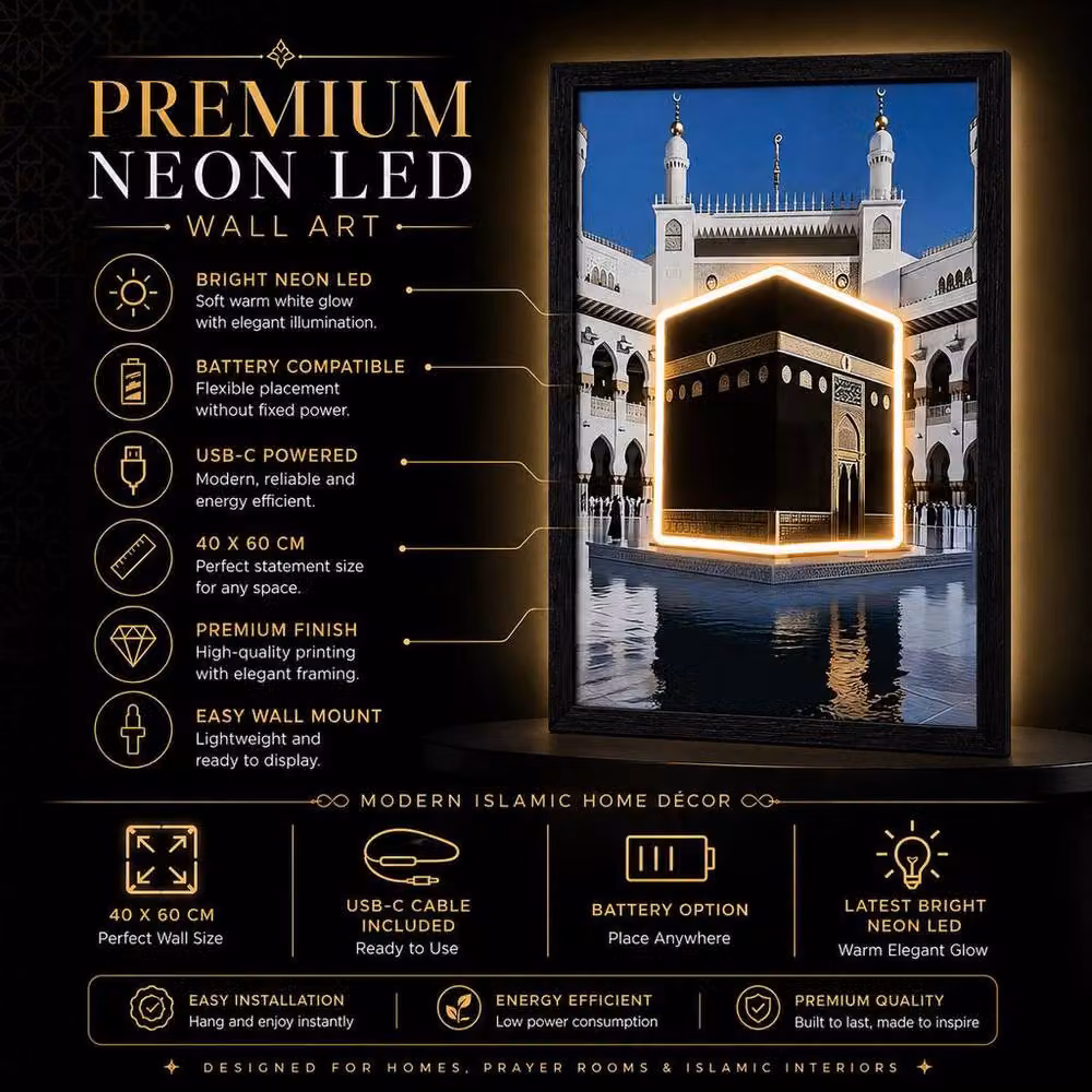 HOME LUXE INTERIOR Kaaba Neon LED Wall Art, Black, W: 40 cm, H: 40 cm – 5