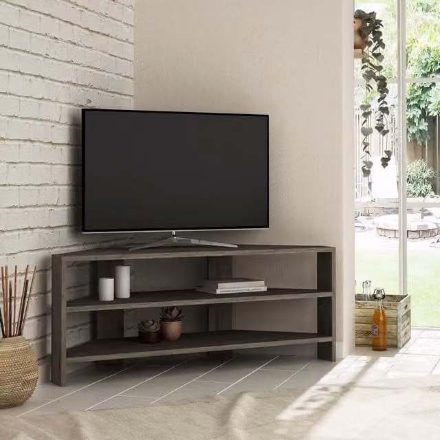 Decortie Modern Brown Corner TV Stand with Media Compartments