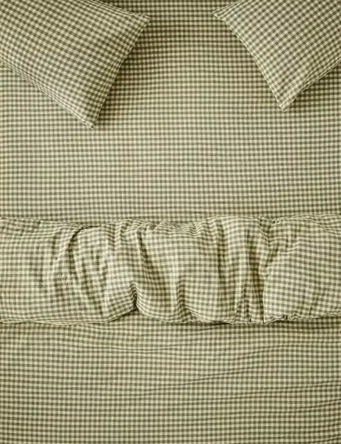 Piglet In Bed Green Gingham Linen Blend Fitted Sheet, 90 x 190 cm