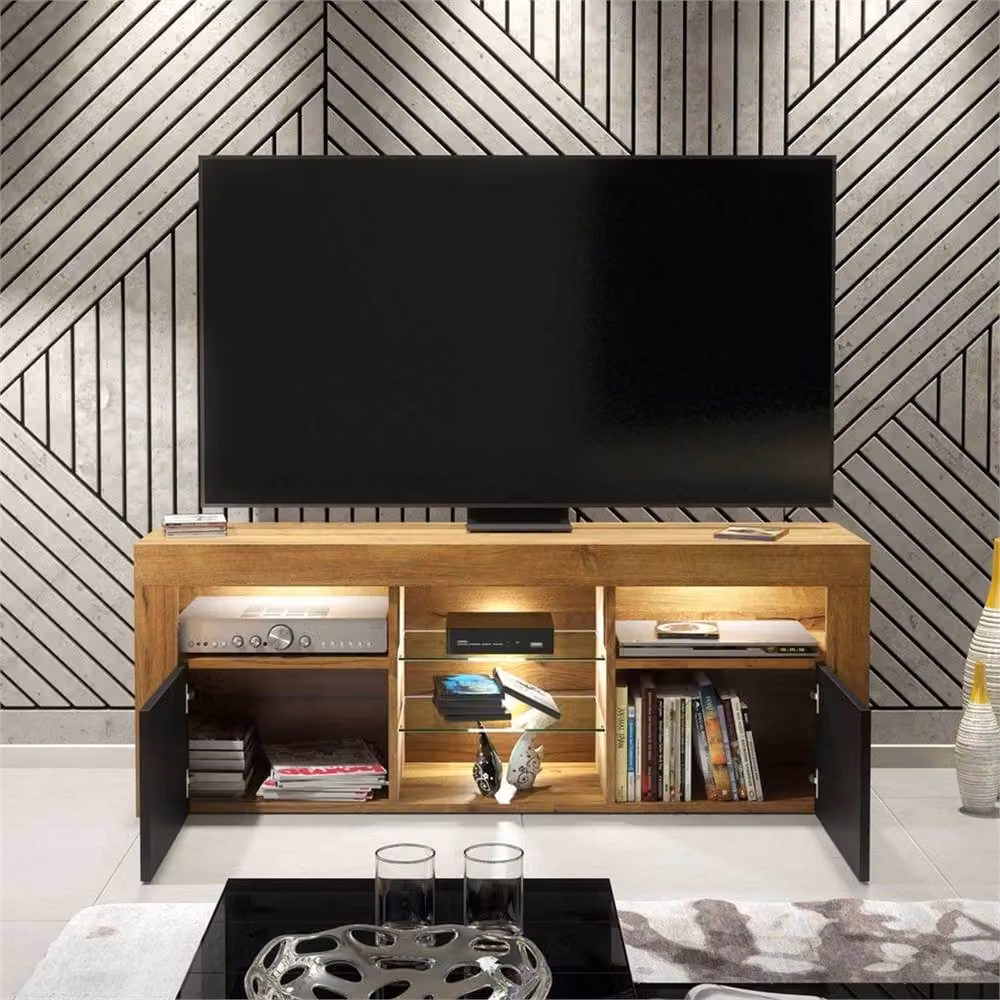 PAWNORA Modern TV Unit with Matt Oak Body and Matt Black Fronts in Brown – 2