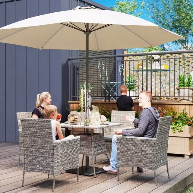 Outsunny Grey Rattan Garden Dining Set with Acacia Wood Table and Parasol Hole