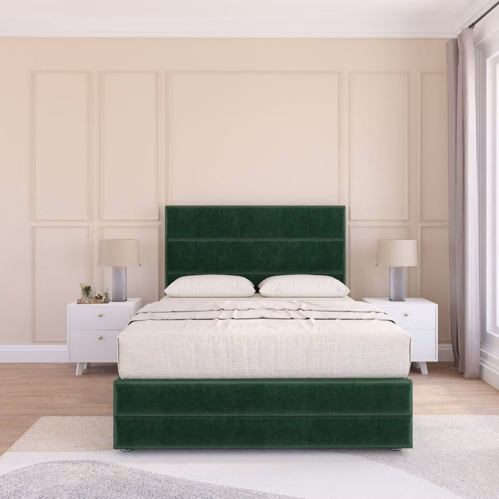 Sloomy Monaco Upholstered Velvet Bed Frame with Floor Standing Headboard in Green, Size: 180 x 200 cm