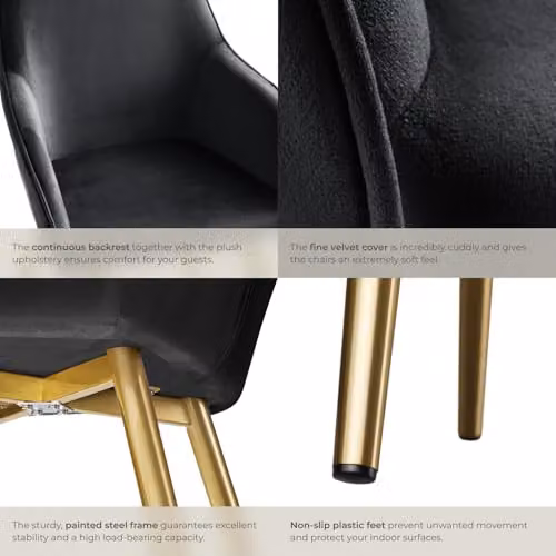 tectake Dining Chair in Black Velvet with Gold Steel Legs and Armrests – 7