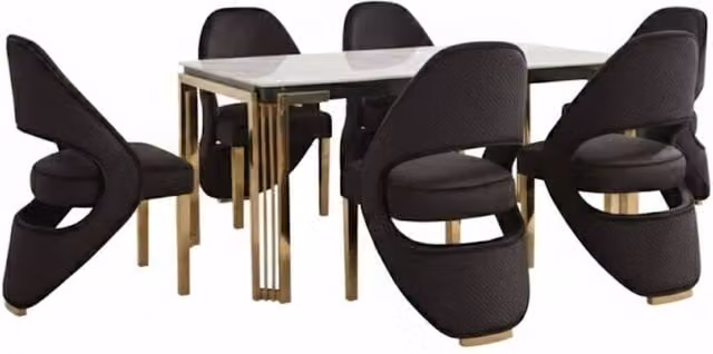 HOME LUXE INTERIOR Sorrento White Marble Rectangular Dining Table and 6 Santorini Black and Gold Chairs – 1