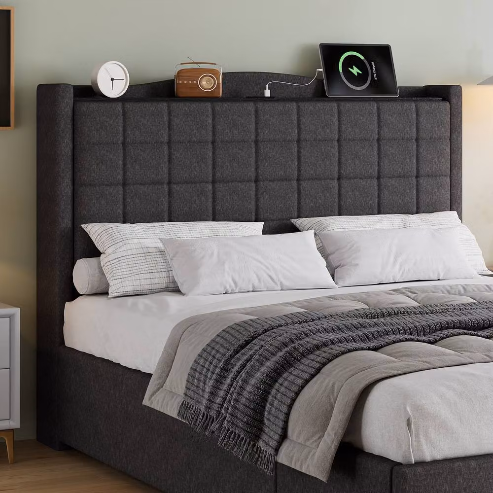 ModernLuxe Upholstered Double Bed with 4 Drawers and USB Charging Port in Grey, W/D/H: 140 x 190 x 111 cm – 5