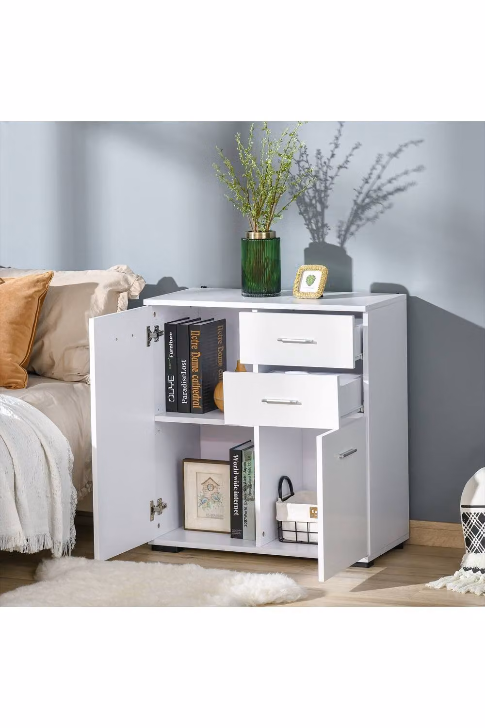 ERGOVEXA White Glossy Sideboard Storage Cabinet with 2 Drawers – 2