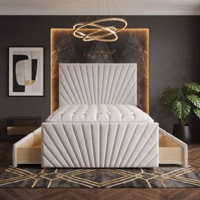 Somnior Beds Ltd Sunrise White Velvet Divan Bed with Mattress and Drawers, Superking, W/D/H: 200 x 162.56 x 137.16 cm