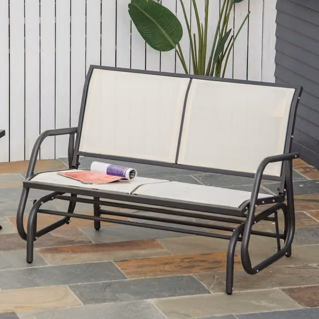 Outsunny 2 Person Modern Patio Glider Bench Swing Chair with Armrests in Beige