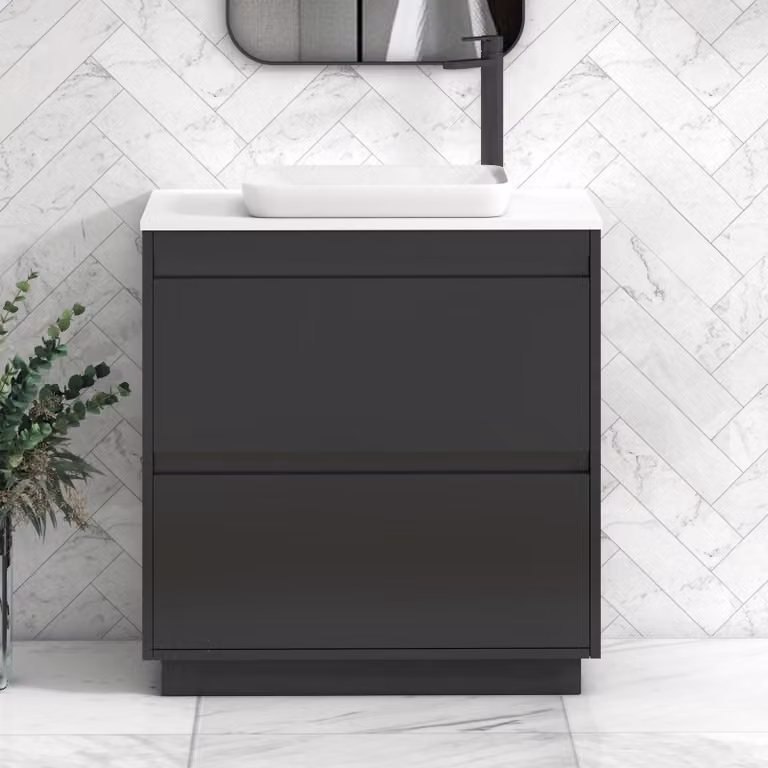 Royal Bathrooms Orion 800mm Matt Obsidian Black and Plain White Floor Standing Vanity Unit with Qubix Basin and 2 Drawers